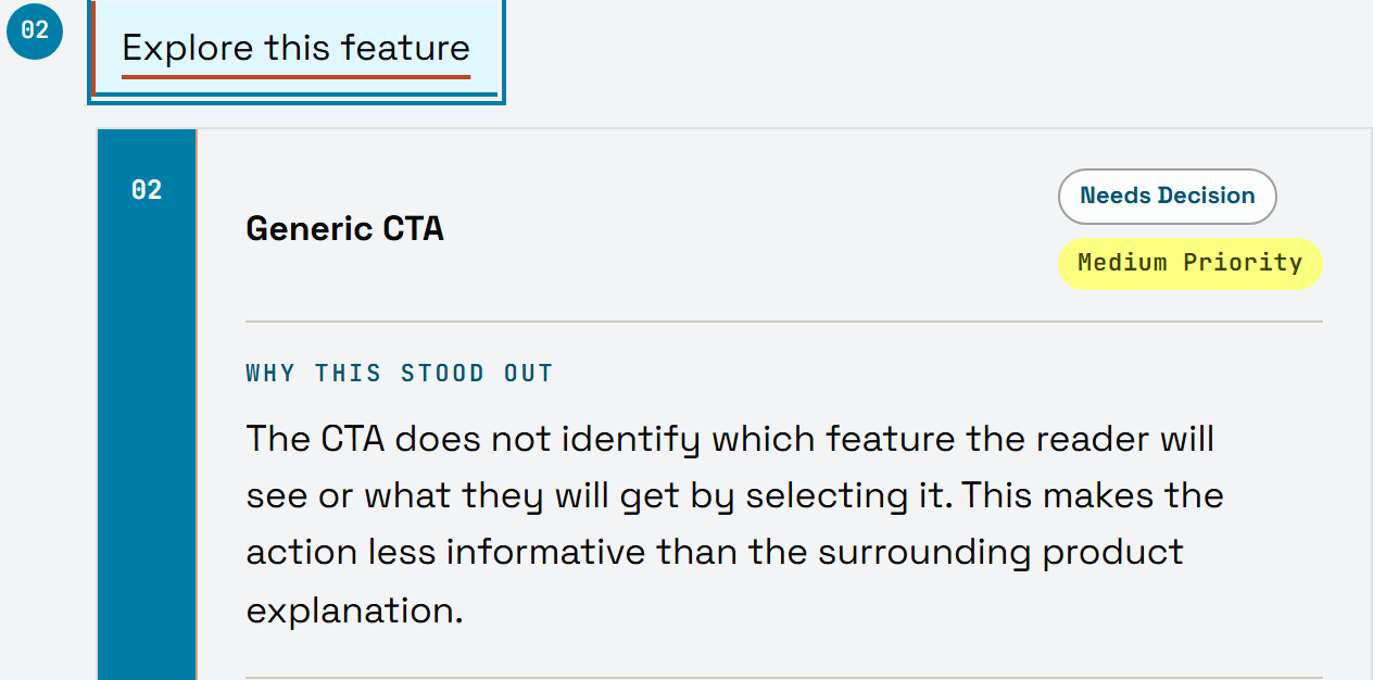 Revisi flags “Explore this feature” as a generic CTA. The CTA does not identify which feature the reader will see or what they will get by selecting it. This makes the action less informative than the surrounding product explanation.